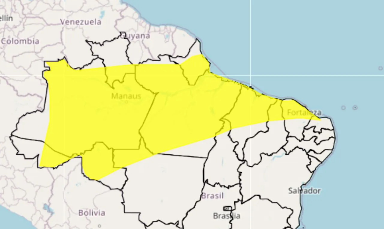 O mapa mostra as &aacute;reas em alerta para chuva intensa